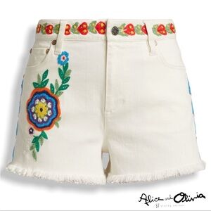 ALICE + OLIVIA Floral Embroidered Christine High-Rise Denim Shorts